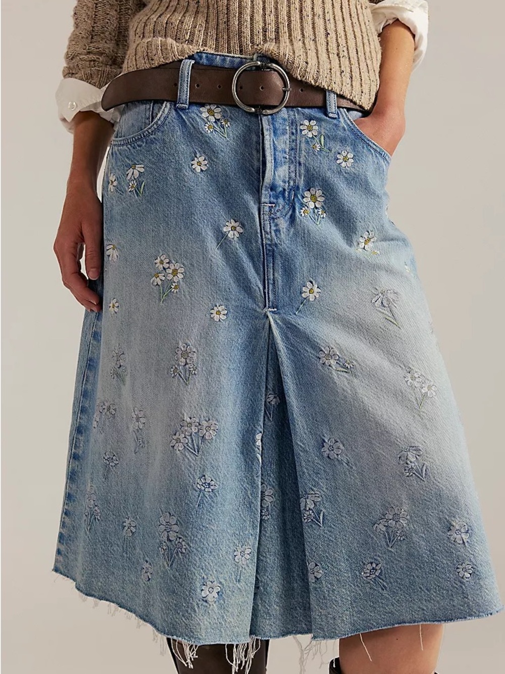 Free People Blue Denim Floral Embroidered Skirt